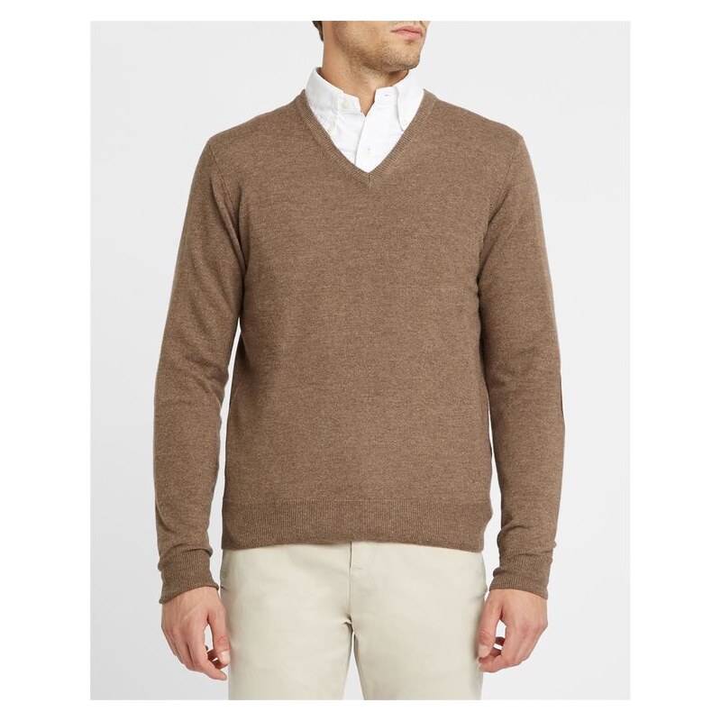 HACKETT Beigefarbener Pullover mit V-Ausschnitt und Kontrastellenbogen