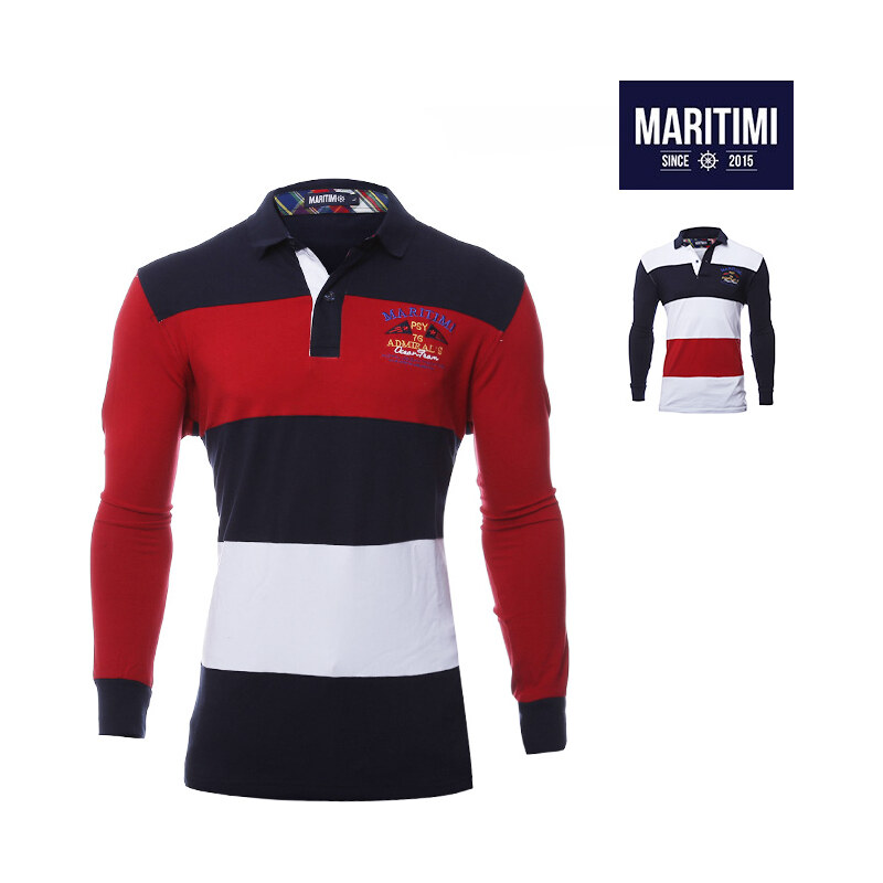 Maritimi Gestreiftes Langarm-Poloshirt mit Stickereien - Rot - M
