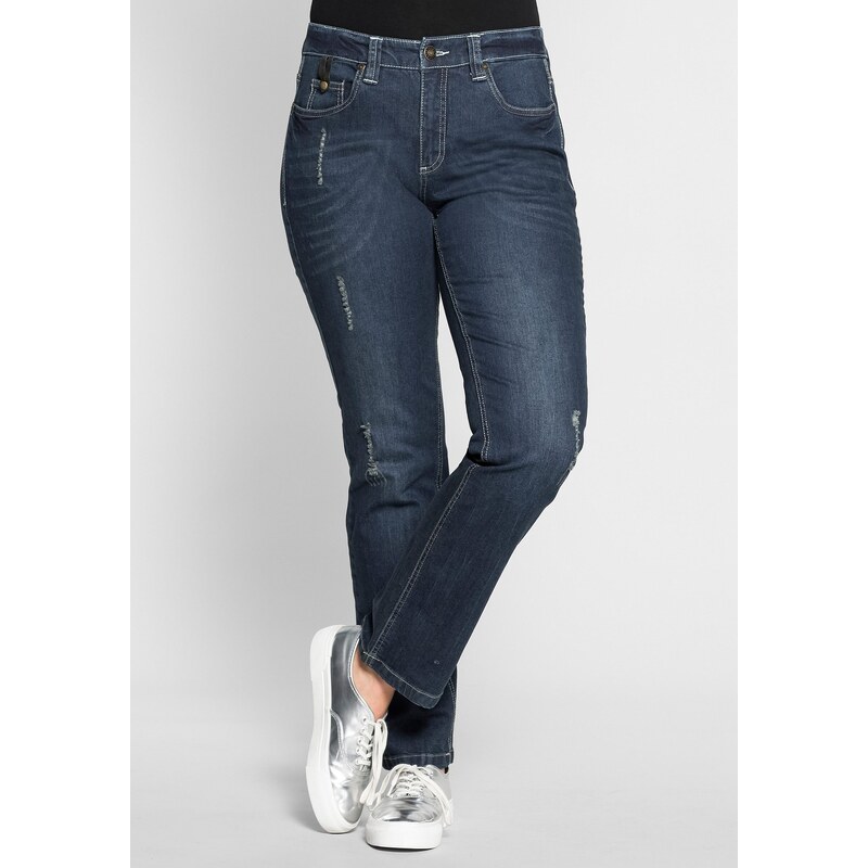 Große Größen: sheego Denim Gerade Stretch-Jeans ?Lana? im Destroyed-Look, dark blue Denim, Gr.21-29