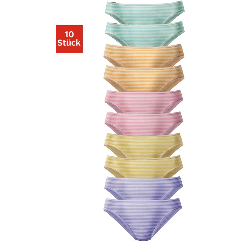 Große Größen: GO IN Bikinislips (10 Stück), in verschiedenen Farben mit Streifen, gestreift lila + gelb + grün + orange + rosa, Gr.32/34-48/50