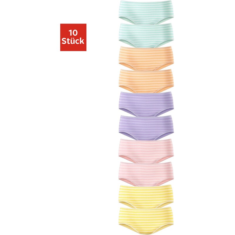 Große Größen: GO IN Hüftslips (10 Stück), in verschiedenen Farben mit Streifen, gestreift lila + gelb + grün + orange + rosa, Gr.32/34-48/50