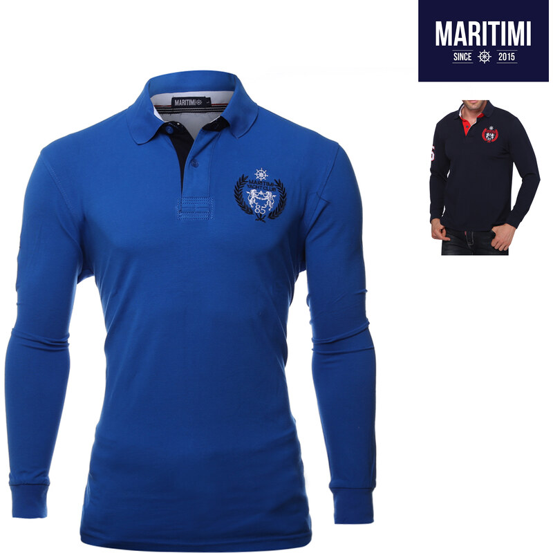 Maritimi Langarm-Poloshirt mit Zahlenprint & Stickerei - Blau - L