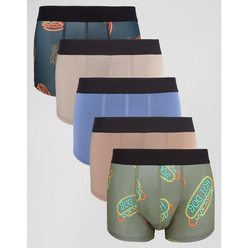 ASOS - Unterhosen mit Burger-Motiv aus Mikrofaser, 5er Pack - Mehrfarbig
