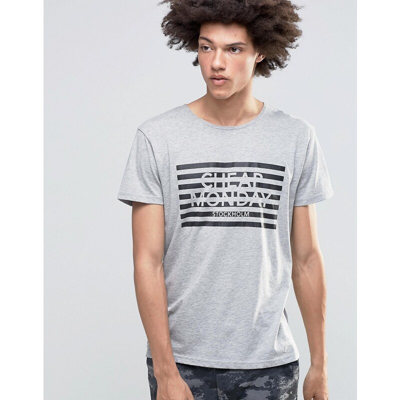 Cheap Monday - Gestreiftes, graues Standard-T-Shirt mit Logo - Grau