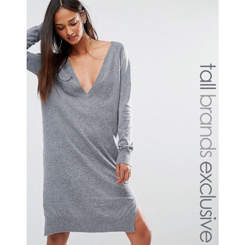 Noisy May Tall - Übergroßes Pulloverkleid mit V-Ausschnitt - Grau