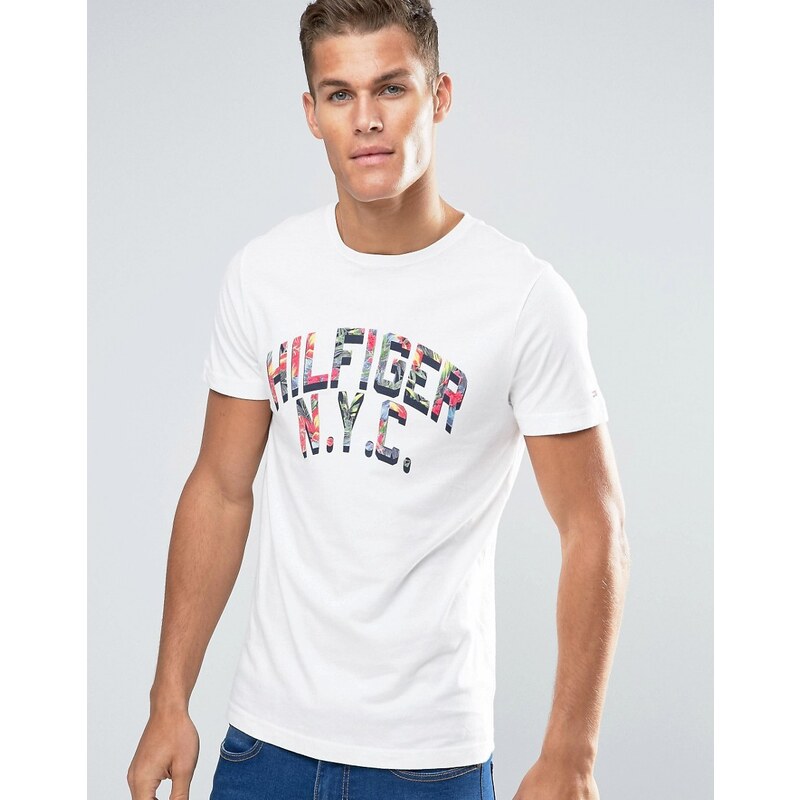 Tommy Hilfiger - Weißes T-Shirt mit geblümtem Logo in regulärer Passform - Weiß