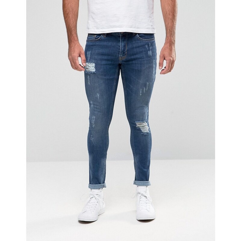 Hoxton Denim - Spray-on-Jeans in mittlerer Waschung mit Schlitz am Knie - Blau