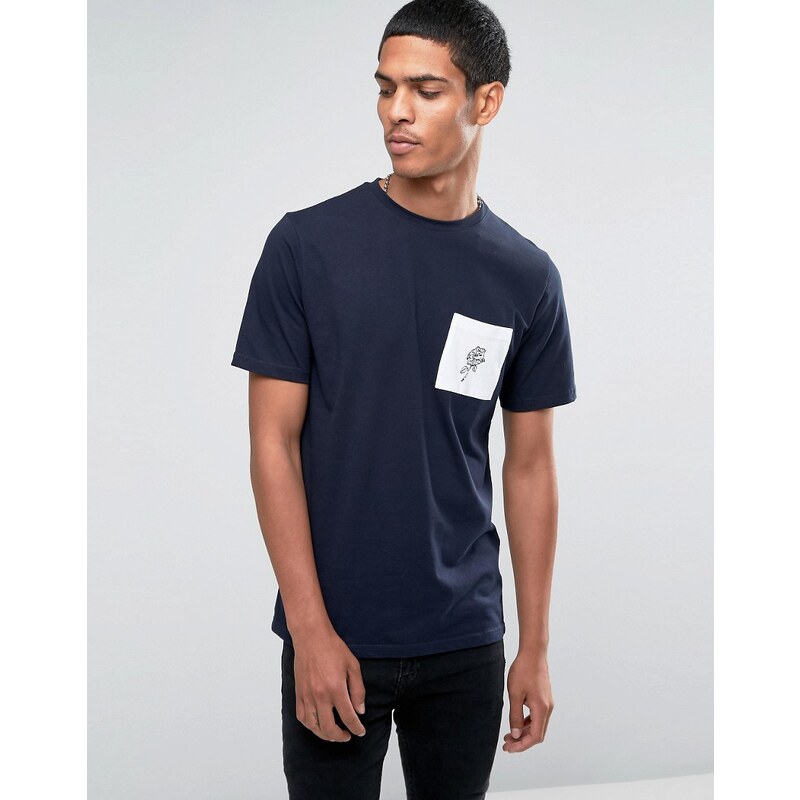 Hoxton Denim Hoxton - Jeans-T-Shirt mit Rosenprint und Kontrastbahn - Marineblau