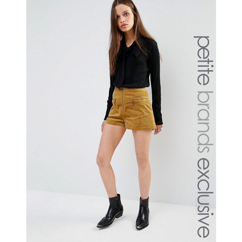 Glamorous Petite - Cord-Shorts mit hoher Taille und Reißverschlussdetail - Grün