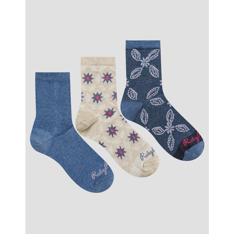 Ruby Rocks - Socken mit geometrischem Blumenmuster, 3er-Set - Mehrfarbig