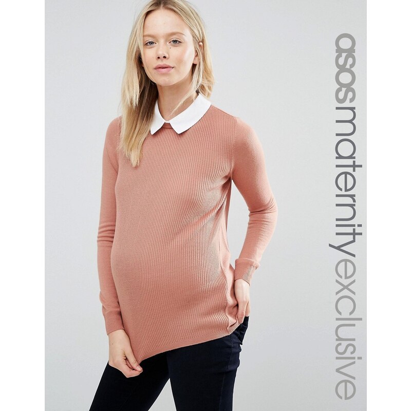 ASOS Maternity - Gerippter Pullover mit Kragenverzierung - Rosa