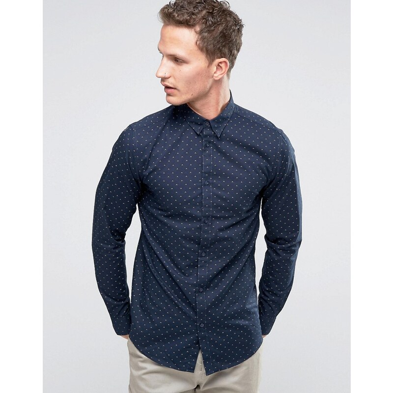 Selected Homme - Elegantes, langärmeliges Hemd mit Button-Down-Kragen und durchgehendem Muster - Marineblau