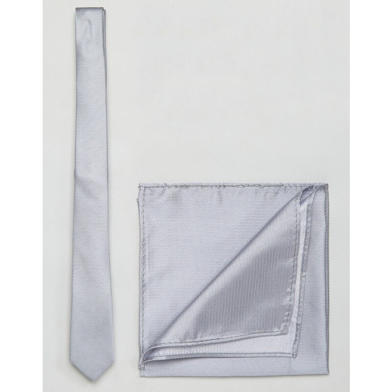 ASOS WEDDING - Krawatte und Einstecktuch aus grauer Seide - Grau