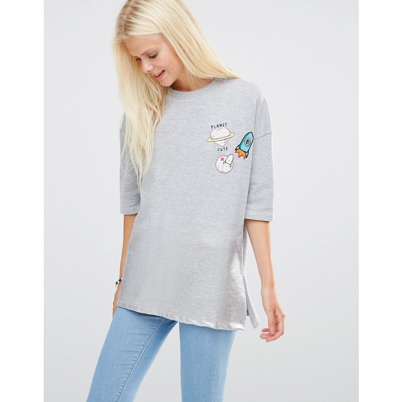 Daisy Street - Sweatshirt mit Metallic-Saum und Emblemen - Grau