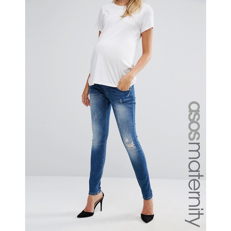 ASOS Maternity - Enge Dream-Jeans im Used-Look mit tiefem Bund unter dem Bauch - Blau