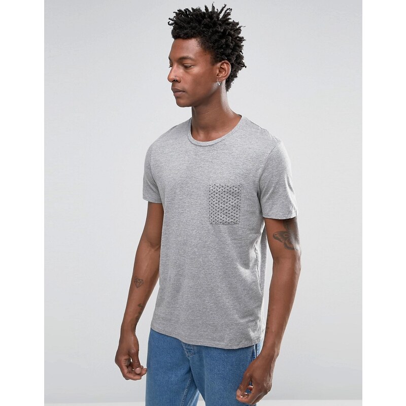 Selected Homme - T Shirt mit Kontrasttasche - Grau