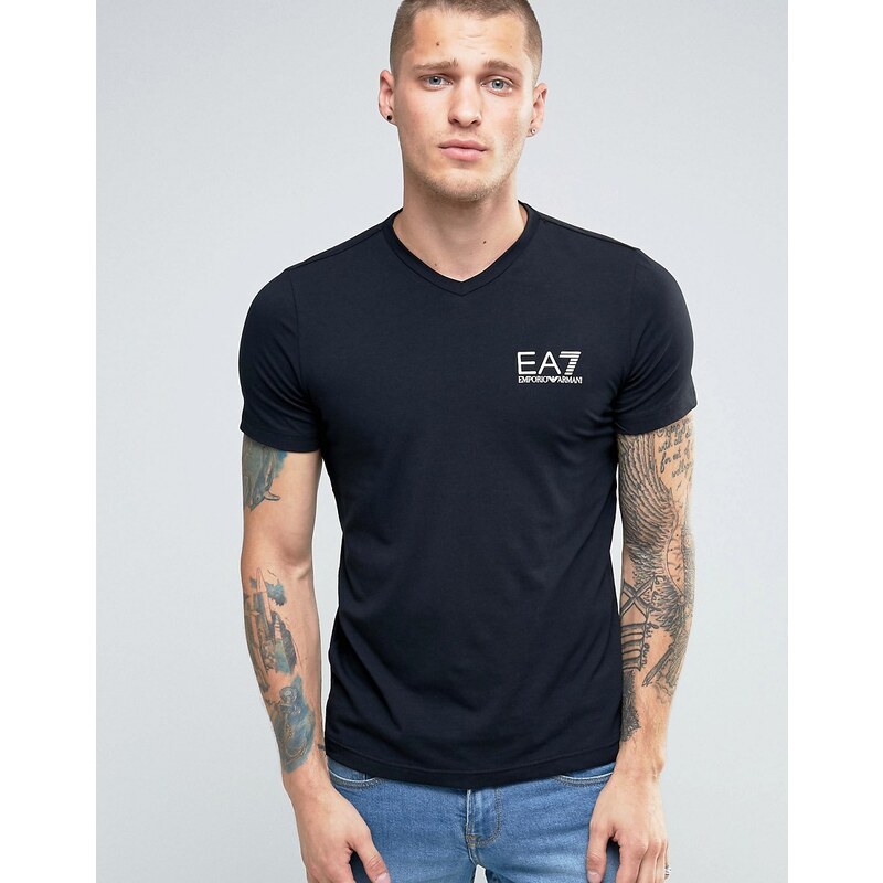 Emporio Armani - EA7 - Schwarzes T-Shirt mit V-Ausschnitt und Logo auf der Brust - Schwarz