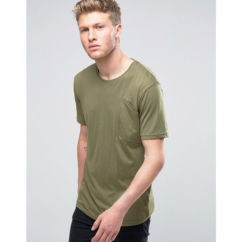 Ringspun - T-Shirt in Khaki mit Tasche - Grün