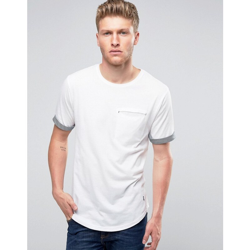 Ringspun - T-Shirt mit Tasche, Rollärmeln und Rundsaum - Weiß