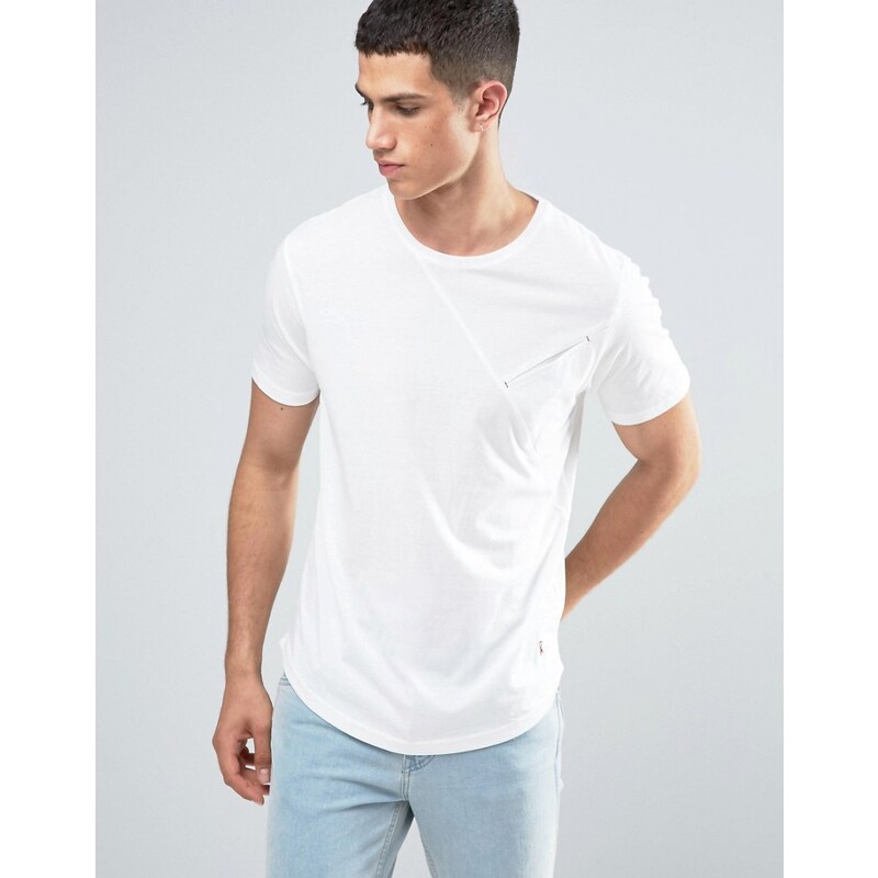 Ringspun - T-Shirt mit Bahnendesign, Tasche und abgerundetem Saum - Weiß