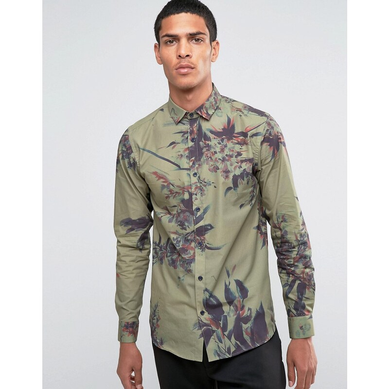 Selected Homme - Schmal geschnittenes Hemd mit durchgehendem Blumenmuster - Grün