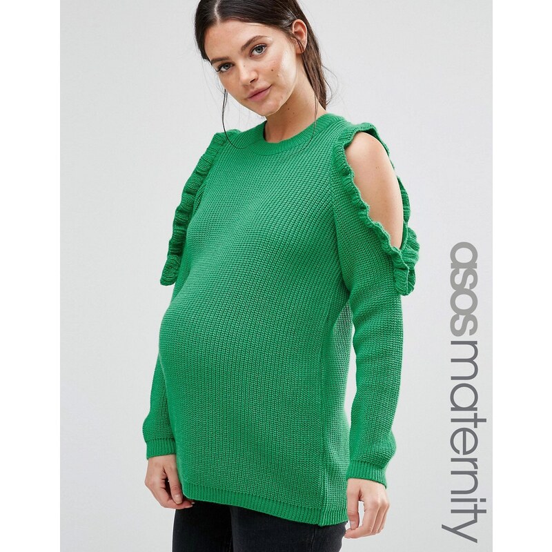 ASOS Maternity - Grobstrickpullover mit freier Schulter und Rüschen - Grün
