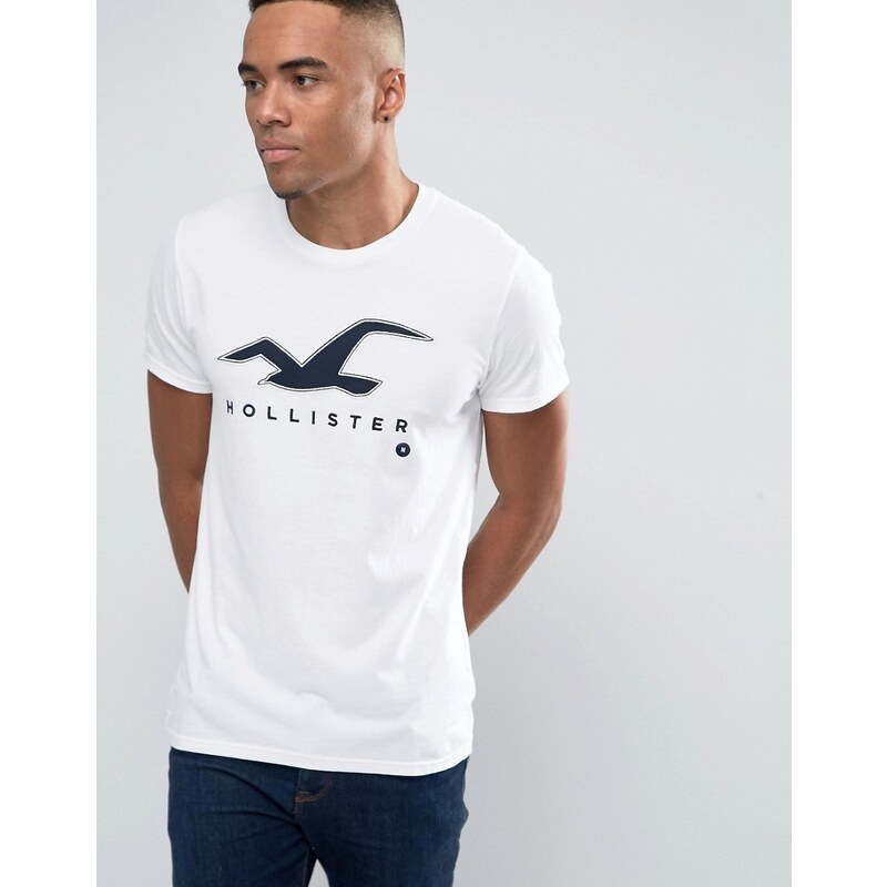 Hollister - Schmales T-Shirt mit großem Möwenlogo in Hellweiß - Weiß