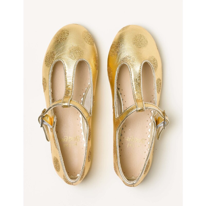 Flache Schuhe mit T-Steg und Tupfen Gold Mädchen Boden
