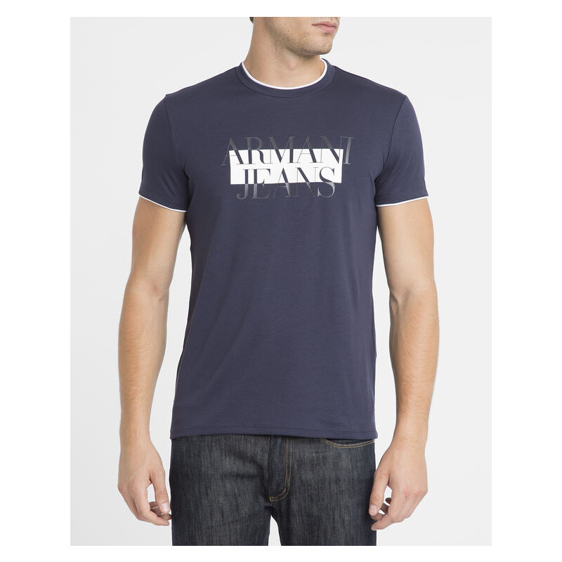 ARMANI JEANS Marineblaues T-Shirt mit doppeltem Rundhalsausschnitt und aufgdrucktem AJ-Logo