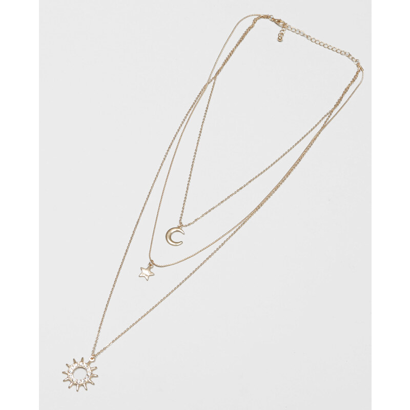 Dreireihige Halskette mit Mond, Stern und Sonne Gold, Größe 00 -Pimkie- Mode für Damen