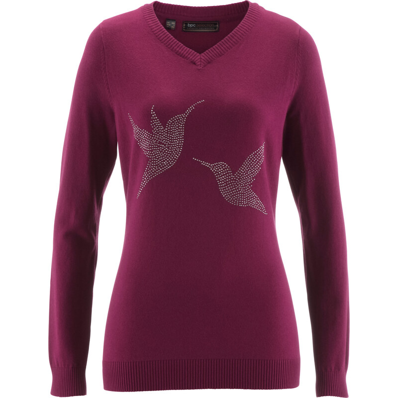bpc selection Pullover mit Vogel-Schmucksteinapplikation in lila für Damen von bonprix