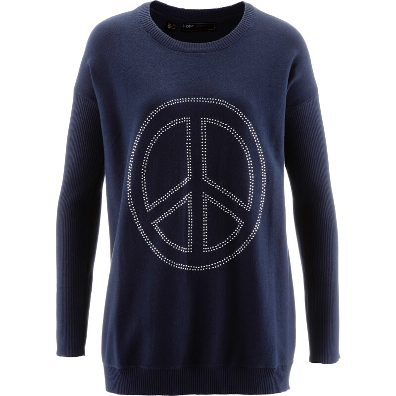bpc selection Long-Pullover mit Peace-Dekosteinapplikation langarm in blau für Damen von bonprix