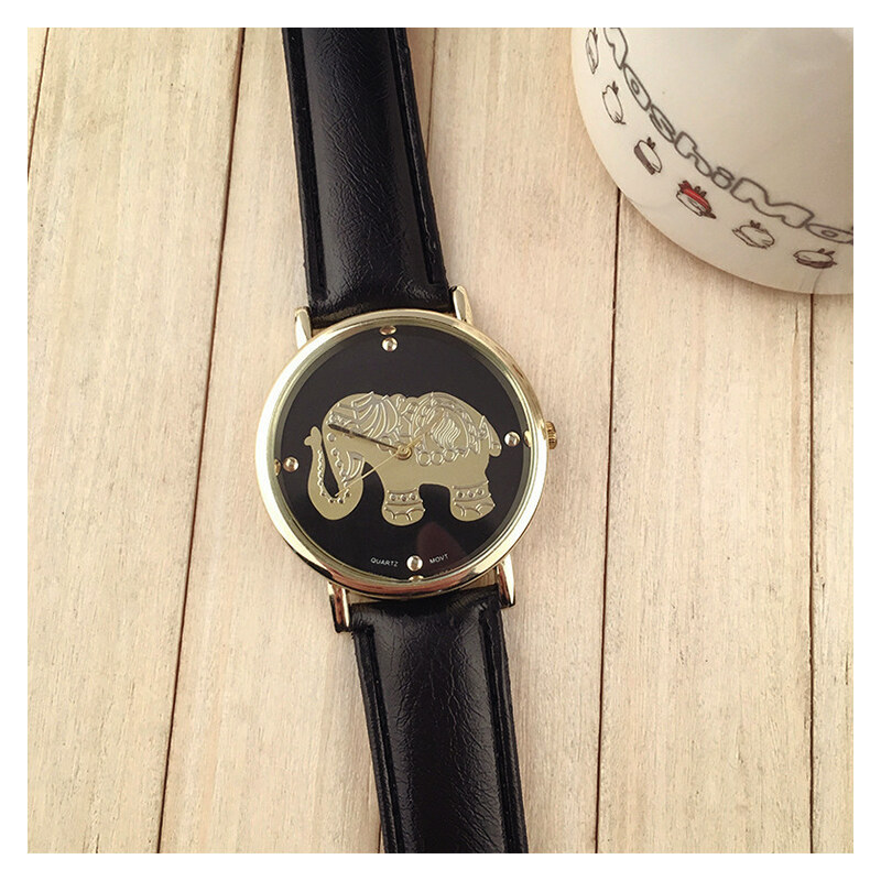 Lesara Armbanduhr mit goldfarbenem Elefantenmotiv - Schwarz