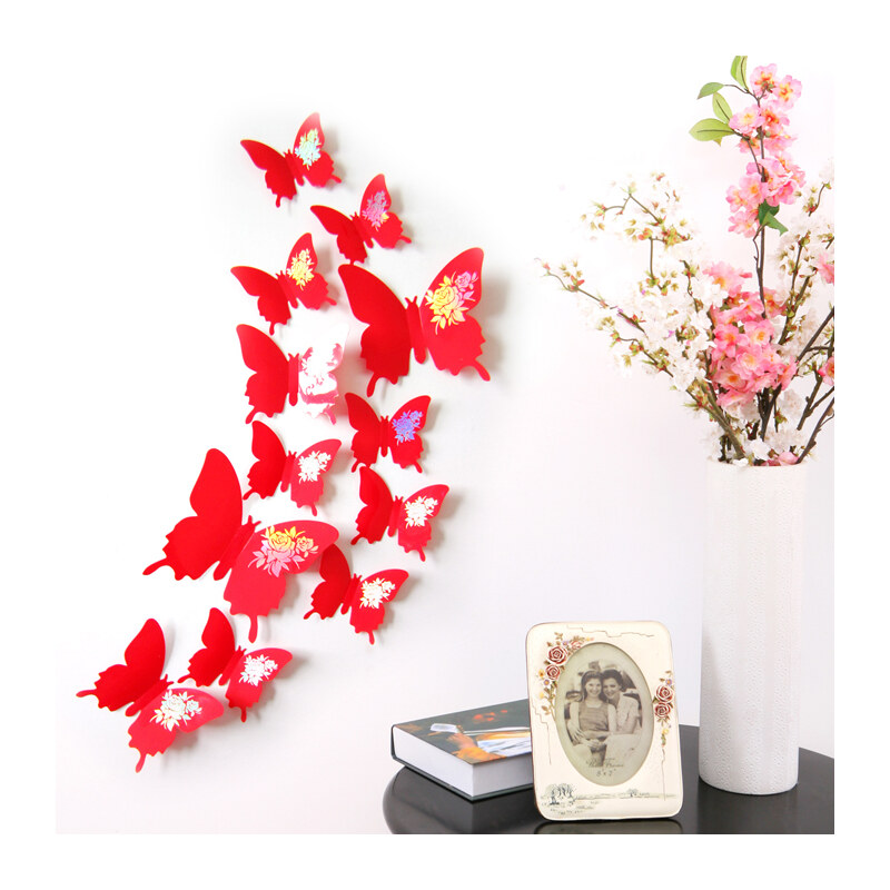 Lesara 12-teiliges 3D-Wandtattoo-Set Schmetterling - Rot