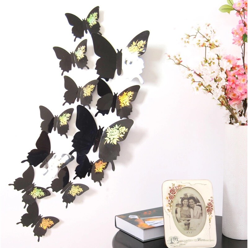 Lesara 12-teiliges 3D-Wandtattoo-Set Schmetterling - Schwarz