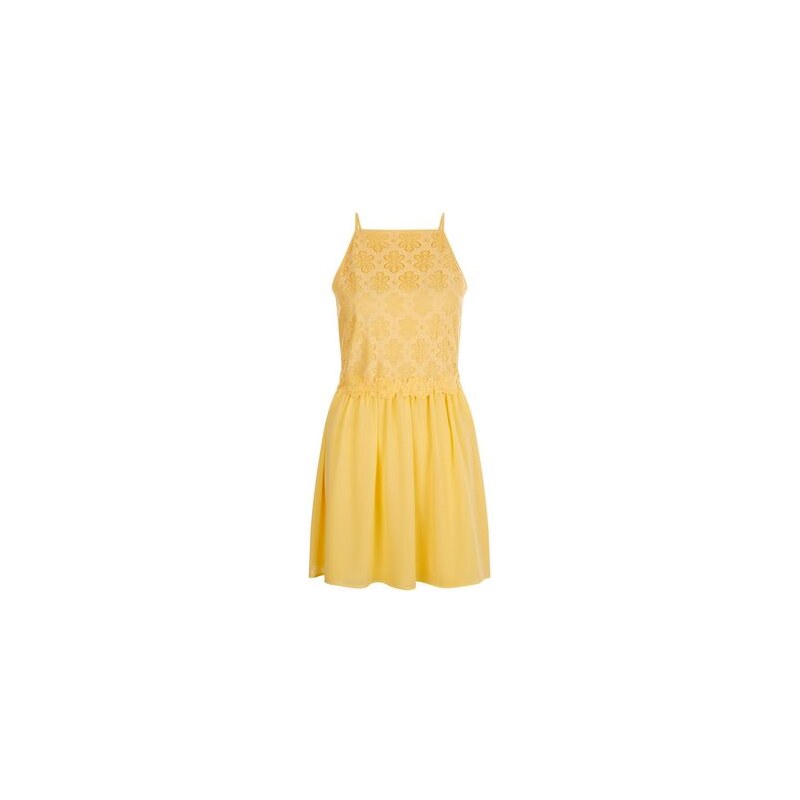 New Look Teenager – Gelbes, hochgeschlossenes Kleid mit Blumenspitze