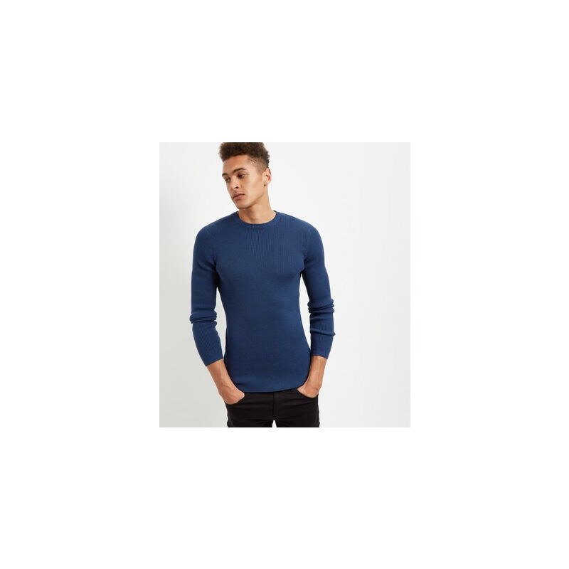 New Look Blauer, gerippter Pullover aus Baumwolle