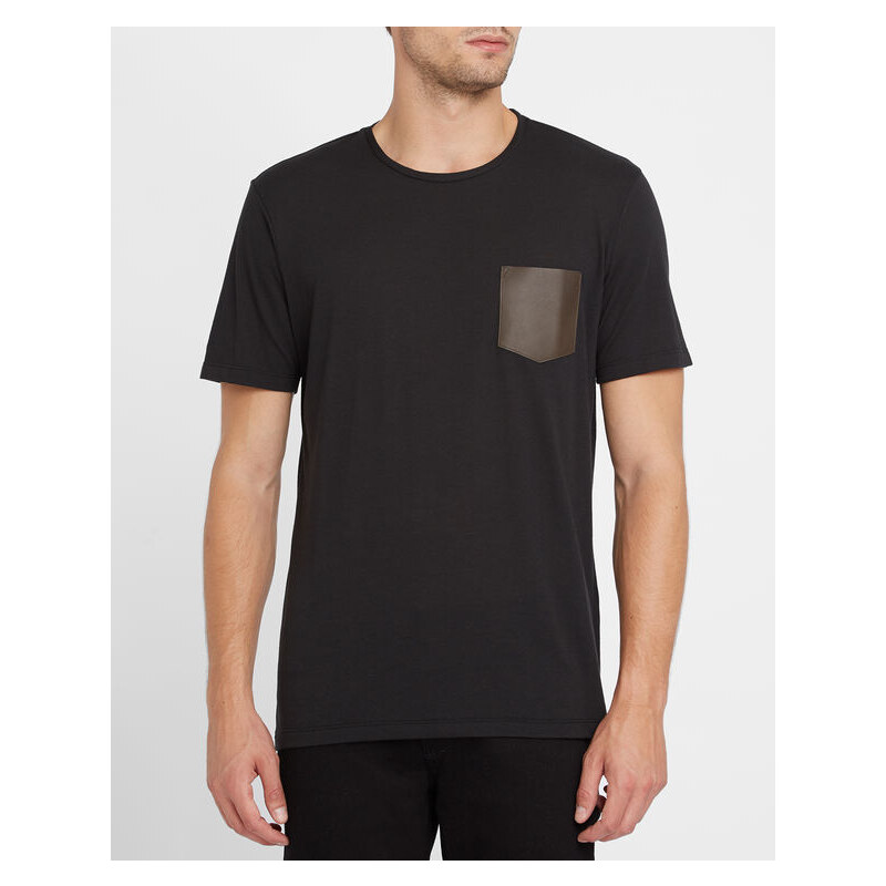 THE KOOPLES Schwarzes T-Shirt mit Rundhalsausschnitt und Ledertaschen