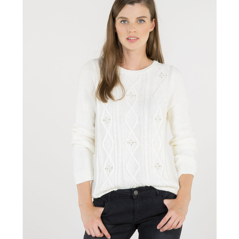 Pullover mit Zopfmuster und Schmuck Altweiß, Größe L -Pimkie- Mode für Damen