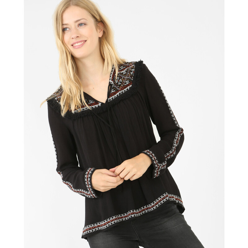 Bestickte Bluse im Folk-Stil Schwarz, Größe S -Pimkie- Mode für Damen