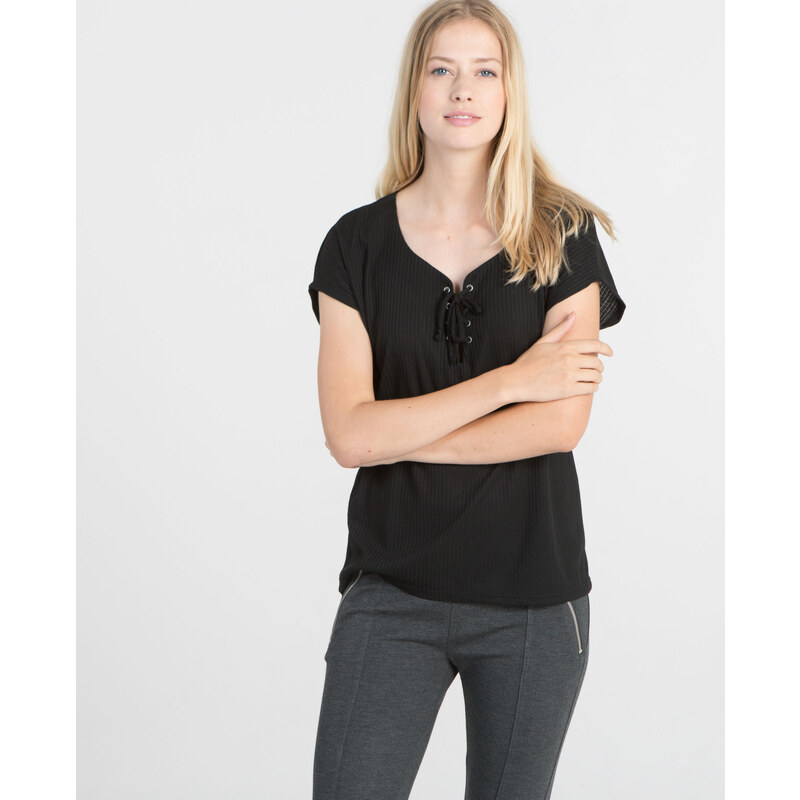 Geripptes und geschnürtes T-Shirt Schwarz, Größe M -Pimkie- Mode für Damen