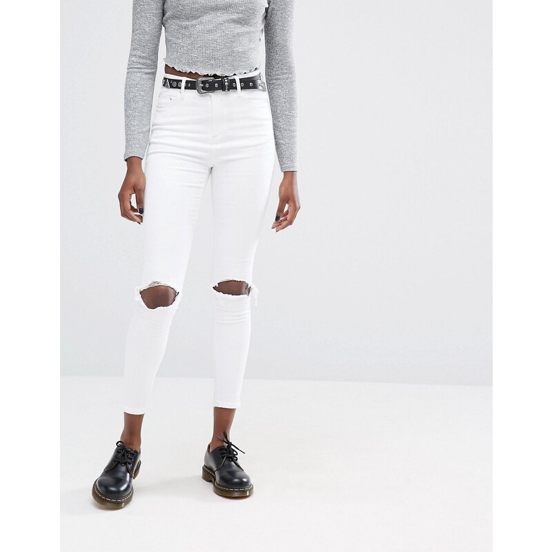 ASOS - Ridley - Weiße, enge Jeans mit hohem Bund und zerschlissenen Knien - Weiß