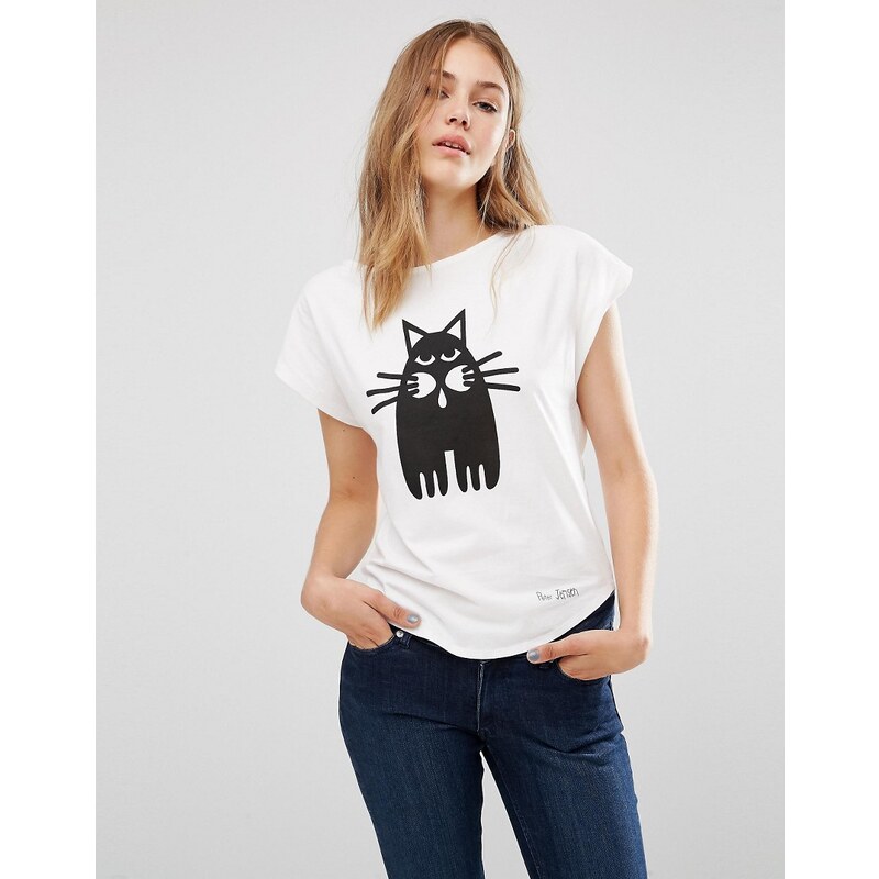 People Tree X Peter Jensen - T-Shirt aus Bio-Baumwolle mit Katzen-Print - Weiß
