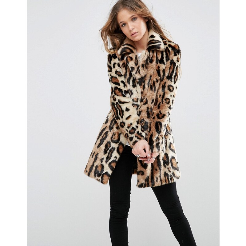 Glamorous - Mantel aus Kunstpelz mit großem Leopardenmuster und Schalkragen - Braun