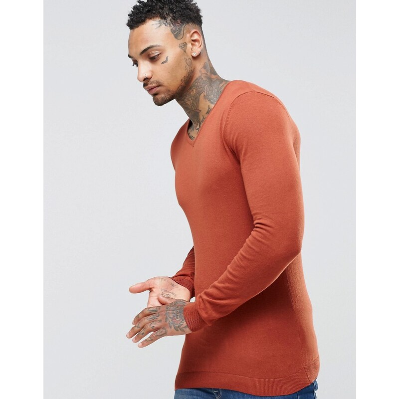 ASOS - Muskel-Pullover aus rostroter Baumwolle mit V-Ausschnitt - Orange