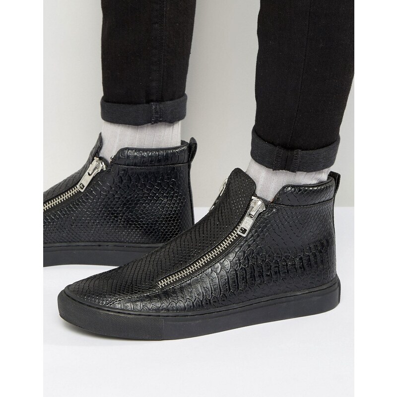 ASOS - Sneaker mit Reißverschluss und dicker Sohle, schwarzes Schlangenmuster - Schwarz