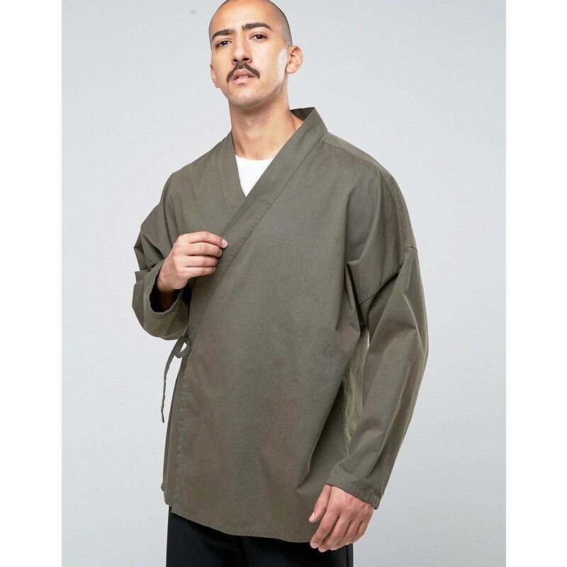 ASOS - Kimono-Jeanshemd in Khaki zum Binden - Grün