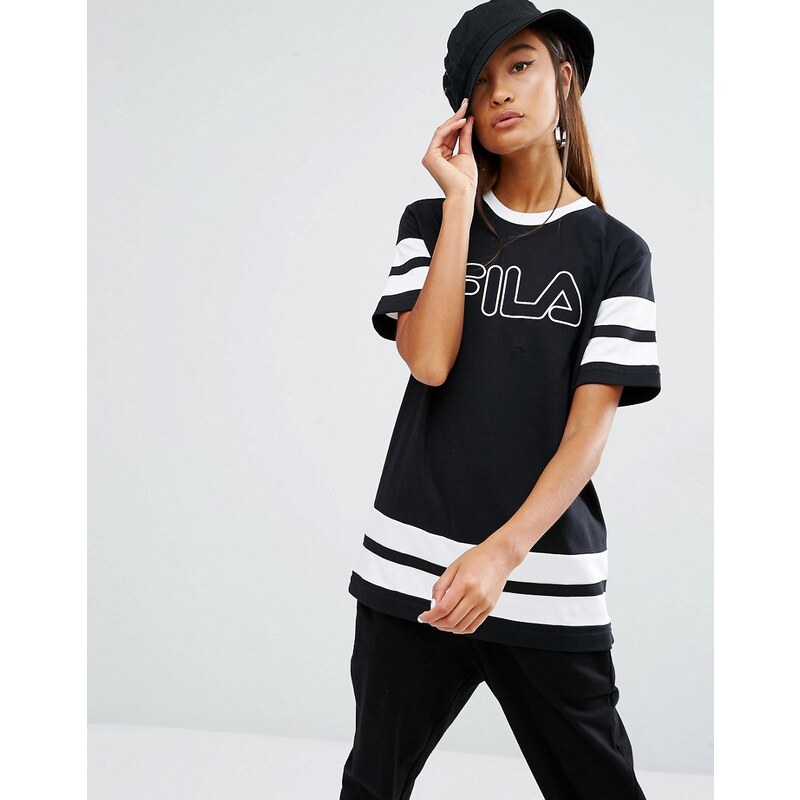 Fila - Übergroßes Boyfriend-T-Shirt mit Streifendesign und Logodruck - Schwarz