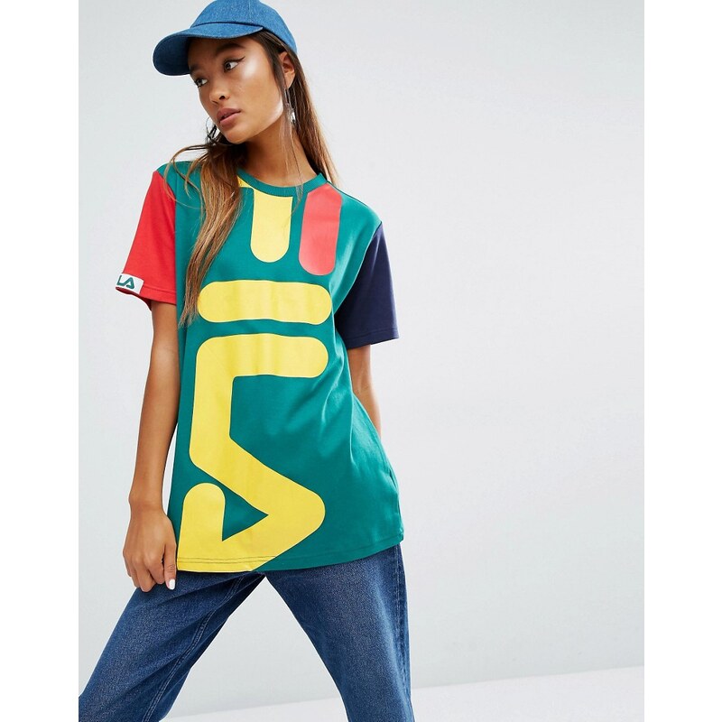 Fila - Oversize-Boyfriend-T-Shirt mit großem Logo und Ärmeln in Blockfarben - Grün