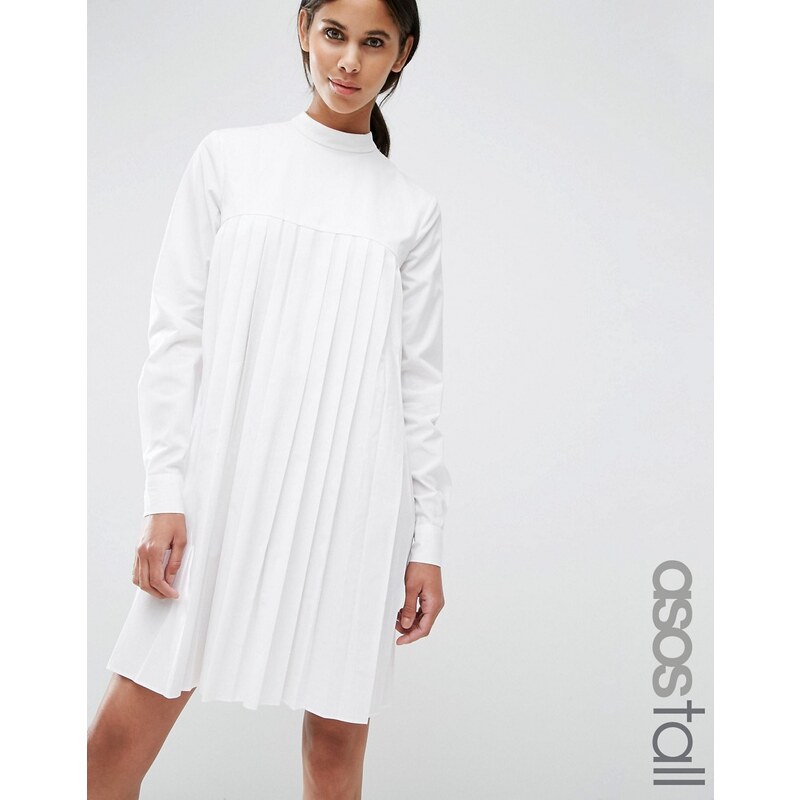 ASOS TALL - Baumwollkleid mit Plisseefalten und langem Arm - Weiß